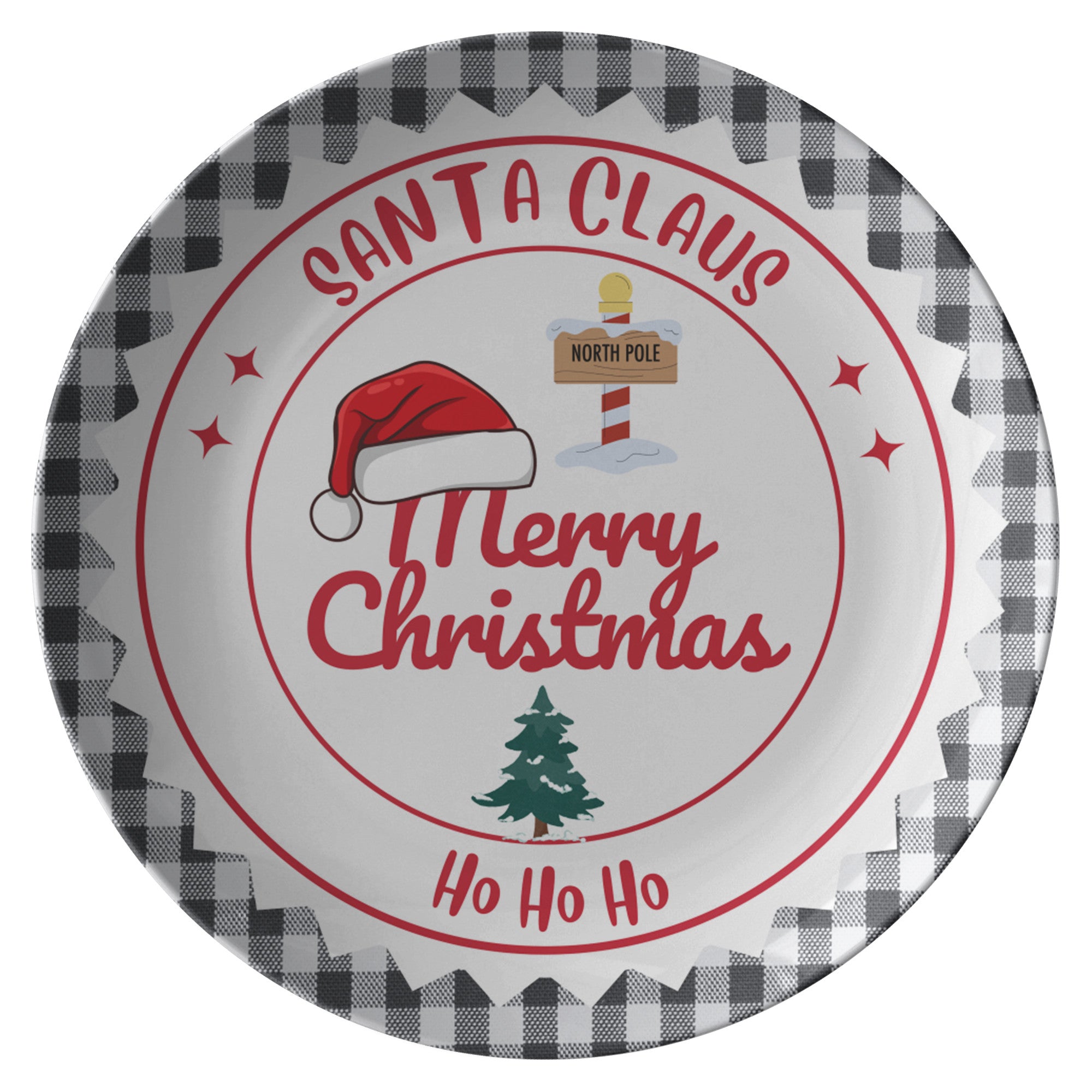 Festive Black & White Plate with Vibrant Red "Ho Ho Ho" Santa Claus Design – Perfect for Holiday Gatherings