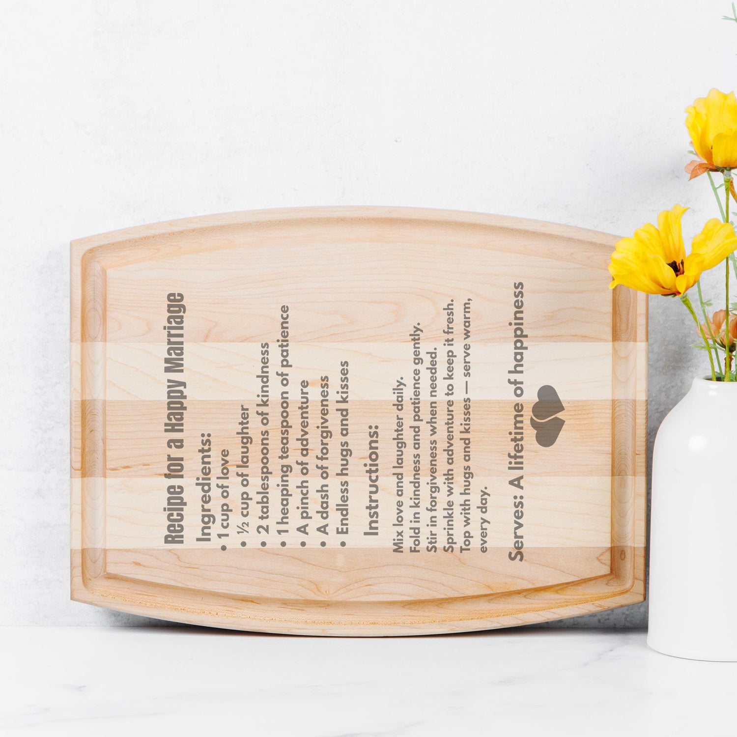 Recipe for a happy Marriage Arched Wood Cutting Board with Groove - 12" x 9"