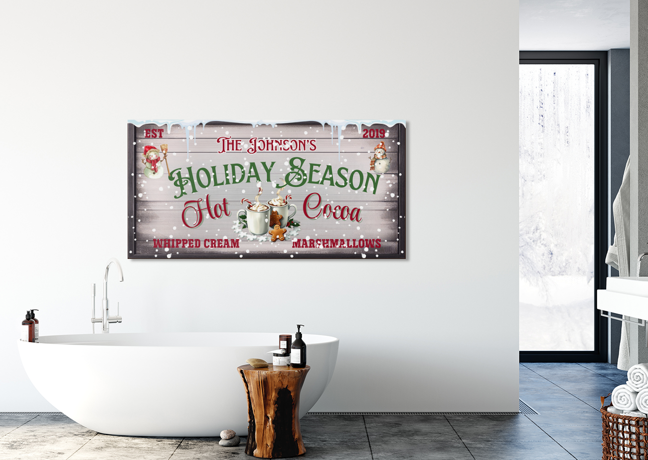 Personalized Hot Cocoa Christmas Sign – Modern Farmhouse Holiday Wall Decor – Festive Seasonal Canvas Print