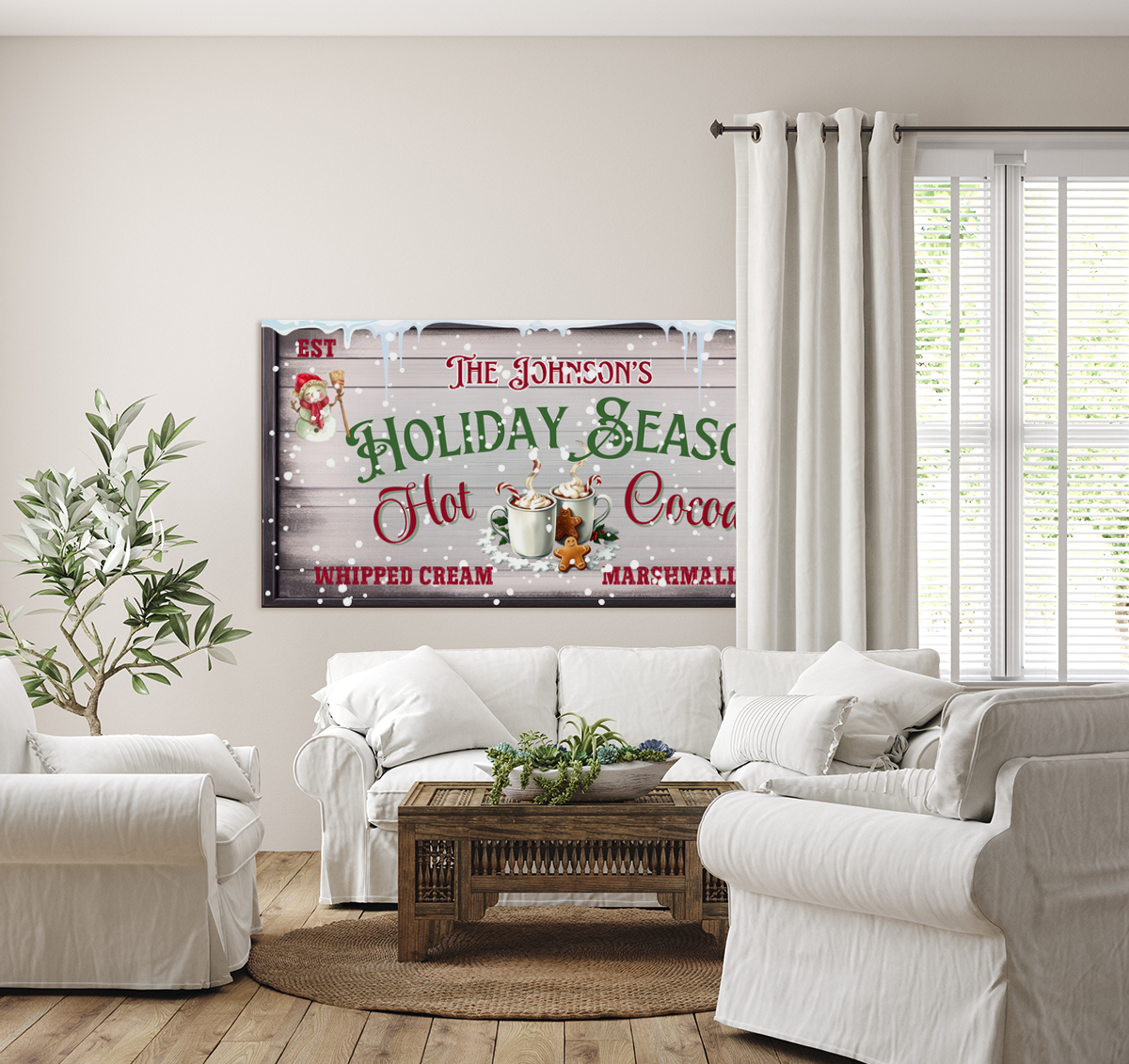 Personalized Hot Cocoa Christmas Sign – Modern Farmhouse Holiday Wall Decor – Festive Seasonal Canvas Print