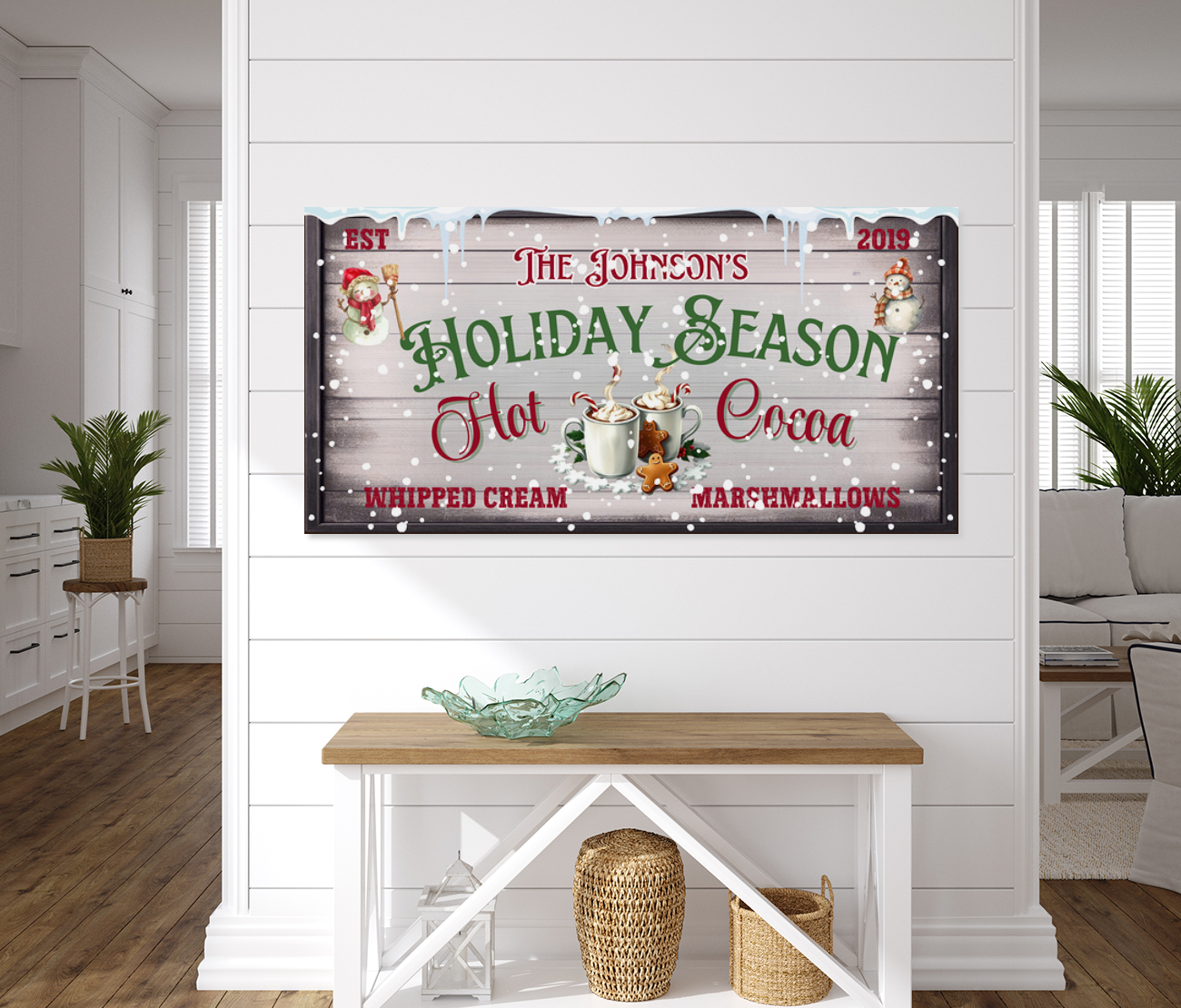 Personalized Hot Cocoa Christmas Sign – Modern Farmhouse Holiday Wall Decor – Festive Seasonal Canvas Print