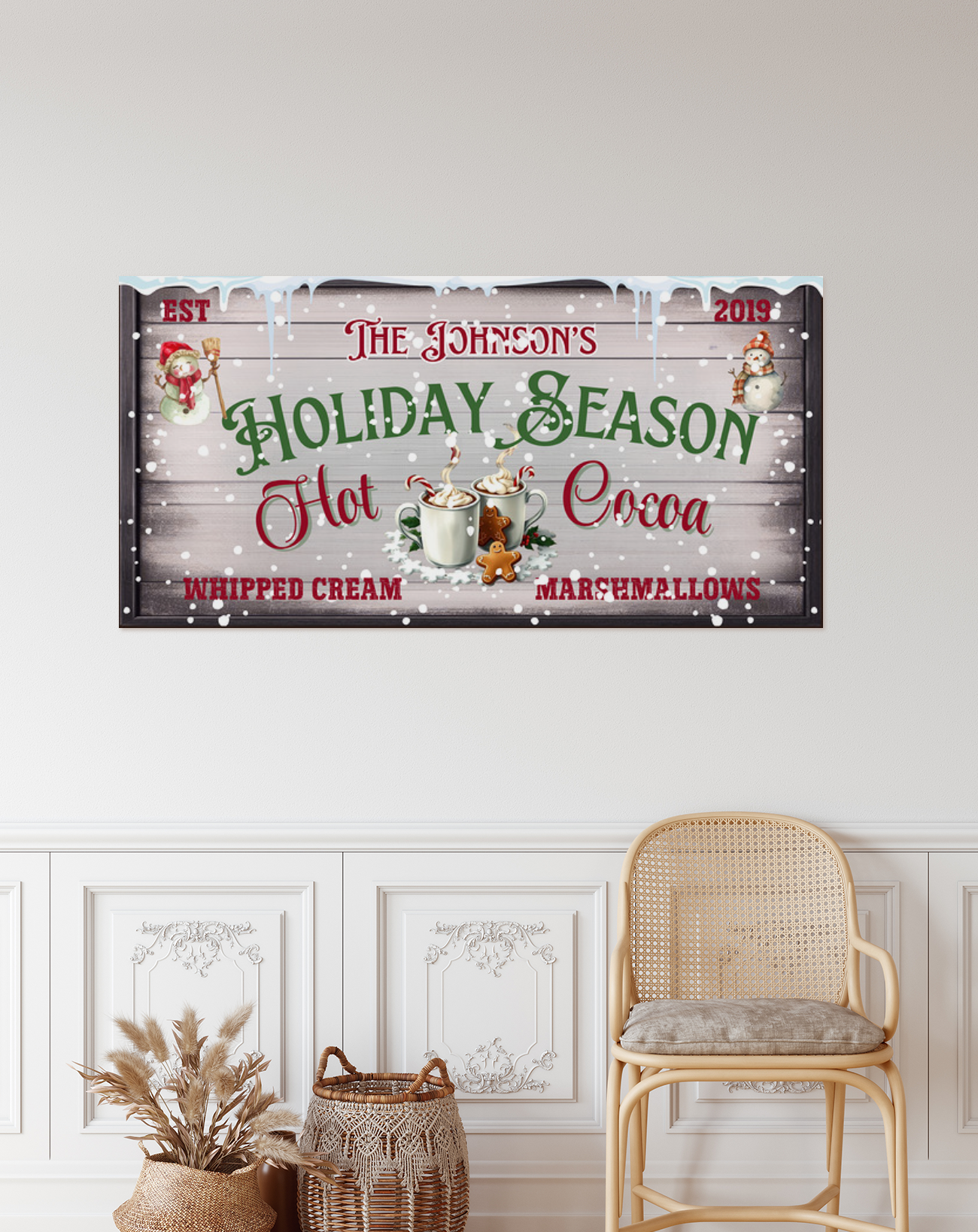 Personalized Hot Cocoa Christmas Sign – Modern Farmhouse Holiday Wall Decor – Festive Seasonal Canvas Print