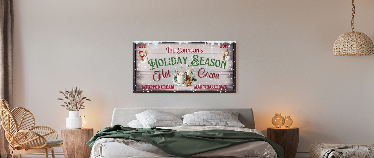 Personalized Hot Cocoa Christmas Sign – Modern Farmhouse Holiday Wall Decor – Festive Seasonal Canvas Print