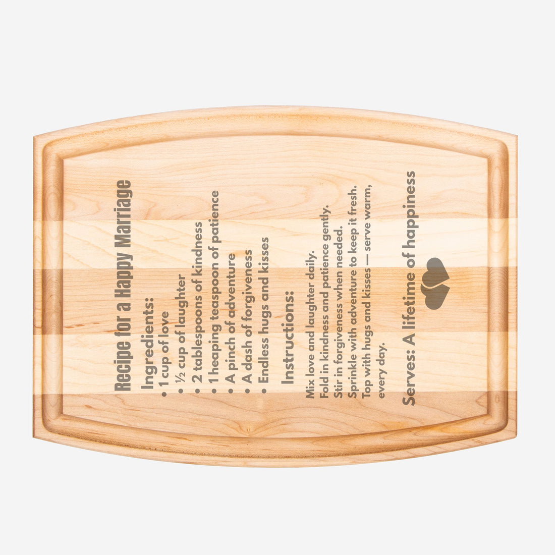 Recipe for a happy Marriage Arched Wood Cutting Board with Groove - 12" x 9"