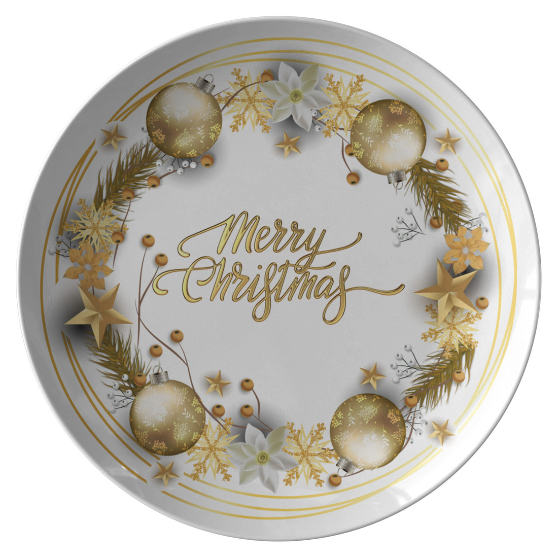Christmas Plate Merry ChristmasPRODUCT INFORMATION10" dinner plate manufactured from revolutionaryΒ polymer that is:
Microwave Safe
Oven Safe (250Β° up to 1 hour)
Dishwasher Safe
CPSC-Certified
FDAChristmasLoving.Shop