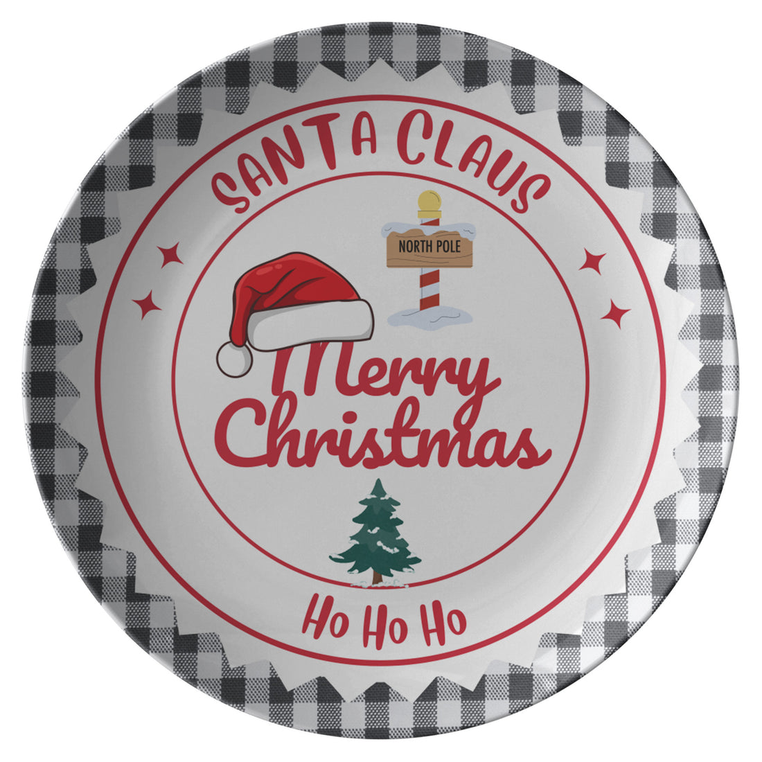 Festive Black & White Plate with Vibrant Red "Ho Ho Ho" Santa Claus Design β Perfect for Holiday Gatherings