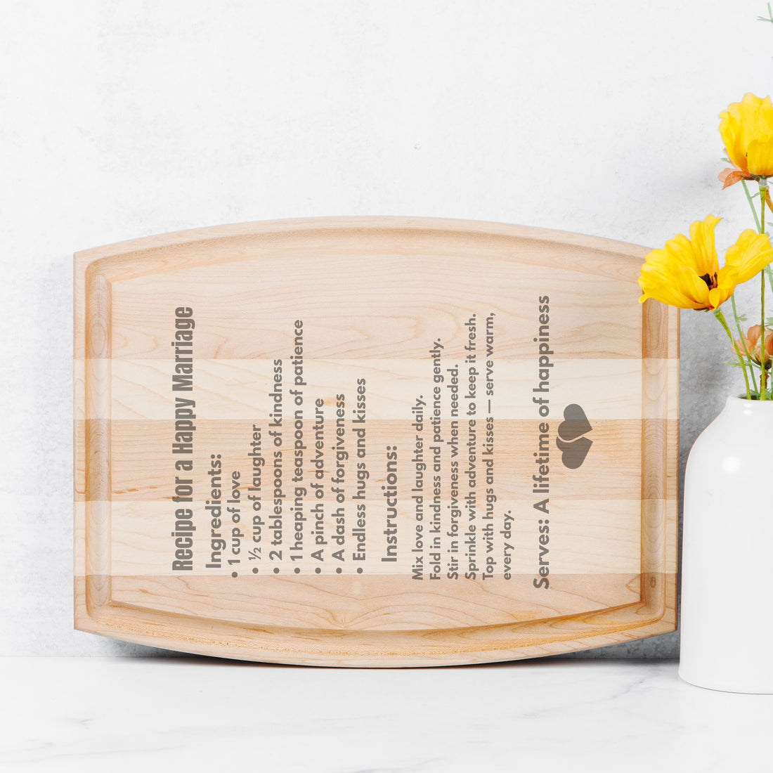 Recipe for a happy Marriage Arched Wood Cutting Board with Groove - 12" x 9"